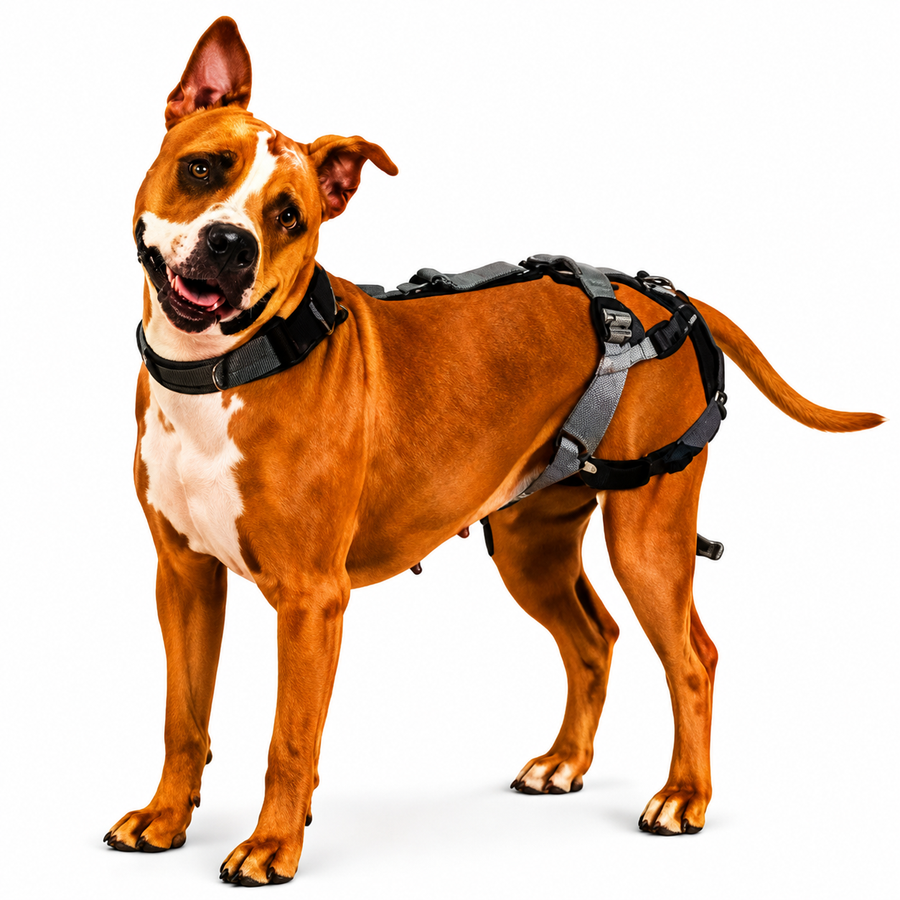 Dog wearing Delay Her Spay harness